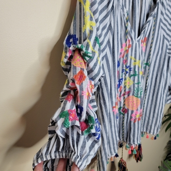 See & Be Seen | Boho Striped Top with Colorful Floral Embroidery Tassel Hem - Picture 2 of 6